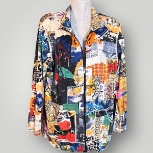 Chicos Bohemian Sz 1 Med Jacket Zip Dopamine Abstract Spandex Rayon Travel